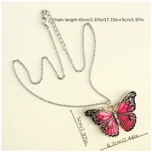 Necklace Light Green Butterfly Oil Drop Enamel Sparkle Antique Silvery Finish - Picture 2 of 2